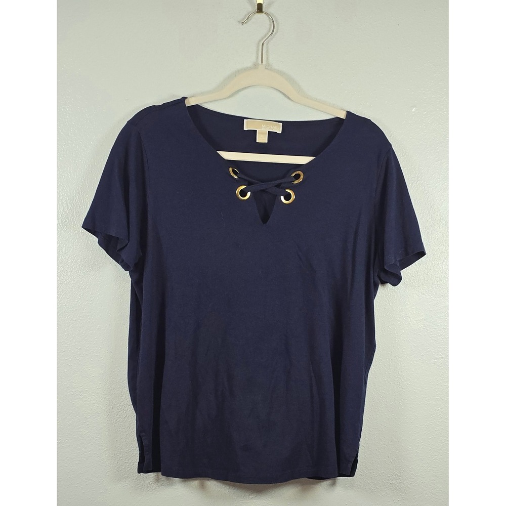 Michael Kors Top XL Navy Blue Cotton Modal Lace Up Grommet V-Neck Short Sleeve